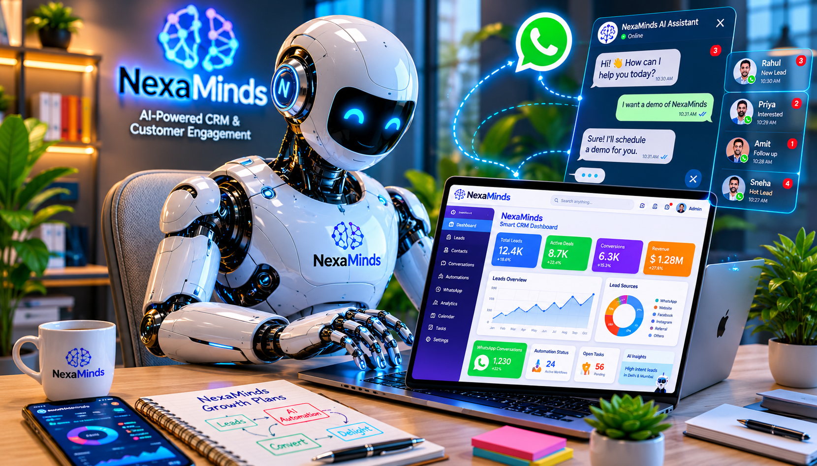 NexaMinds AI assistant powering WhatsApp CRM and smart dashboards